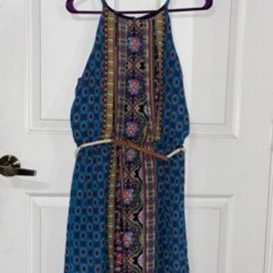 Blue Belted Print Dress